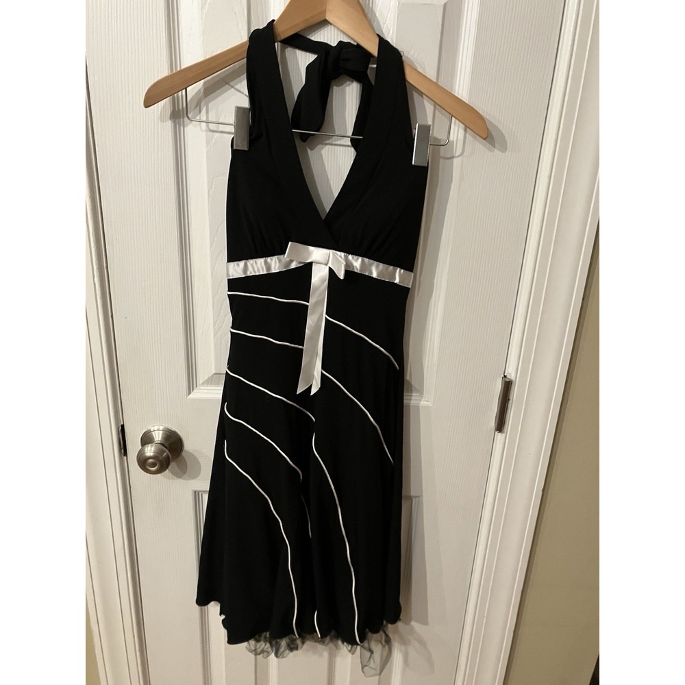 Vintage Y2K Black  White Halter Cocktail Dress Bow Bodice Black Ruffle Hem Sizes
